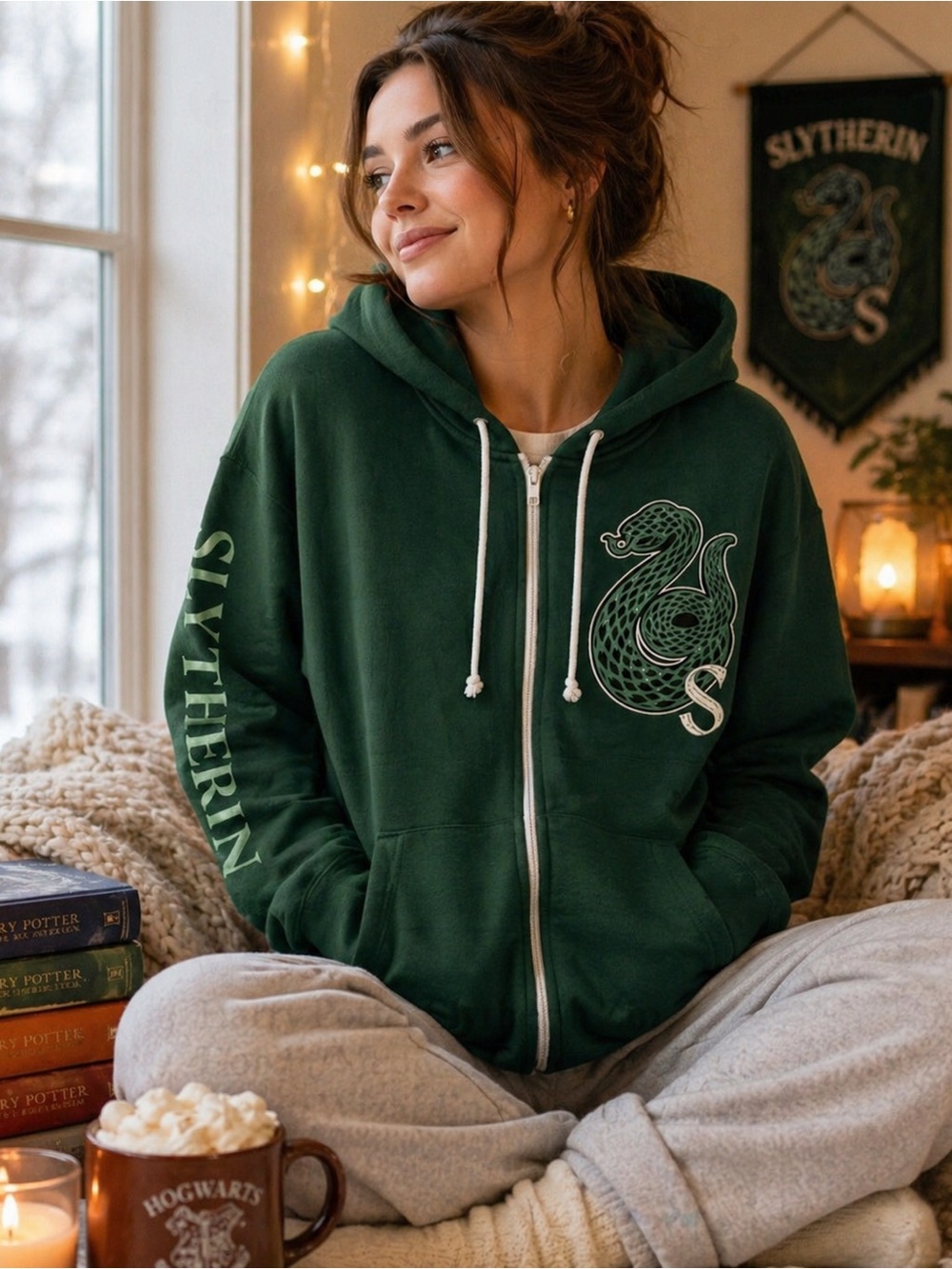 Harry Potter Slytherin Zip Hoodie Medium Green Spellout Sleeve Wizarding World